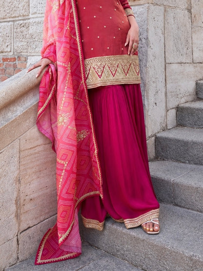 Pink Chinnon Silk Salwar Kameez with Embroidered Dupatta