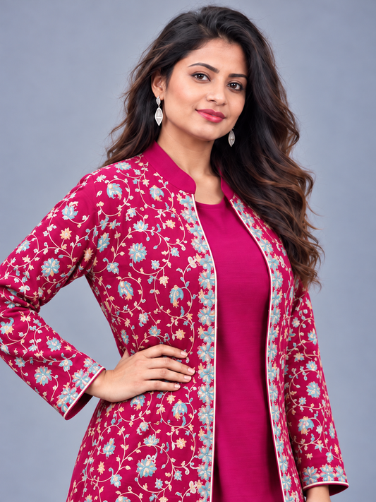 Pink Soft Wool Embroidered Kashmiri Aari Jacket Set