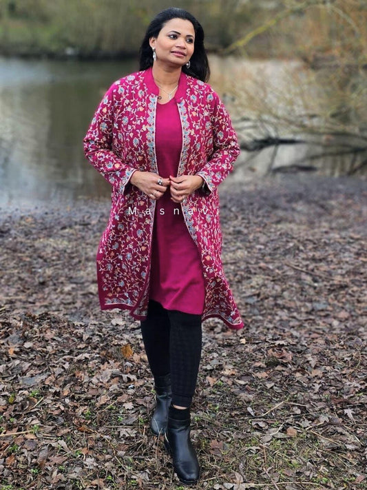 Pink Soft Wool Embroidered Kashmiri Aari Jacket Set