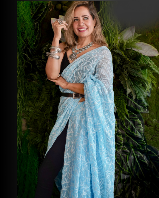 Powder Blue Georgette chikankari Saree 