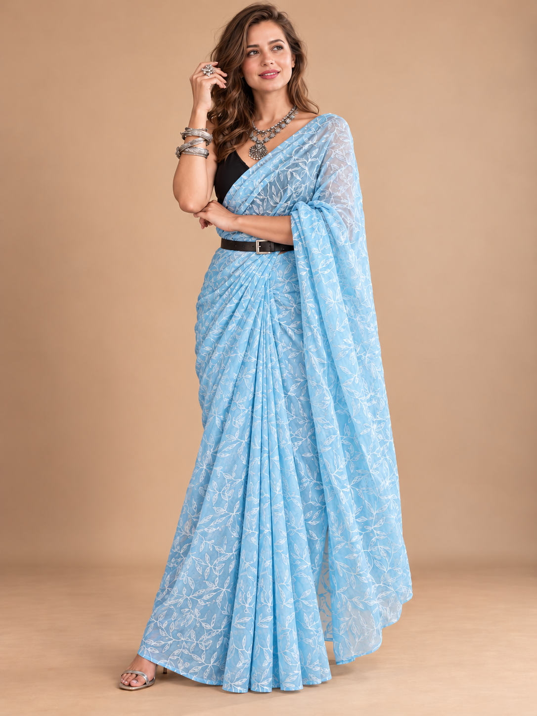 Powder Blue  chikankari tepchi georgette Saree