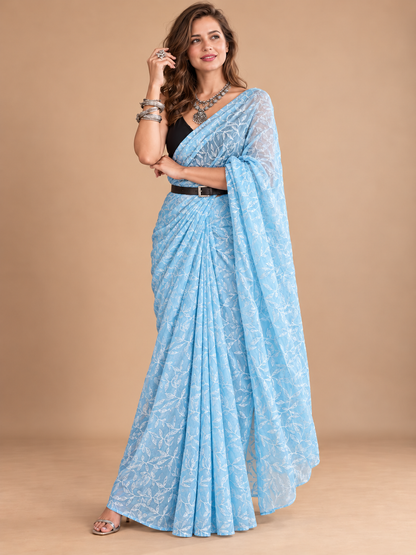Powder Blue  chikankari tepchi georgette Saree
