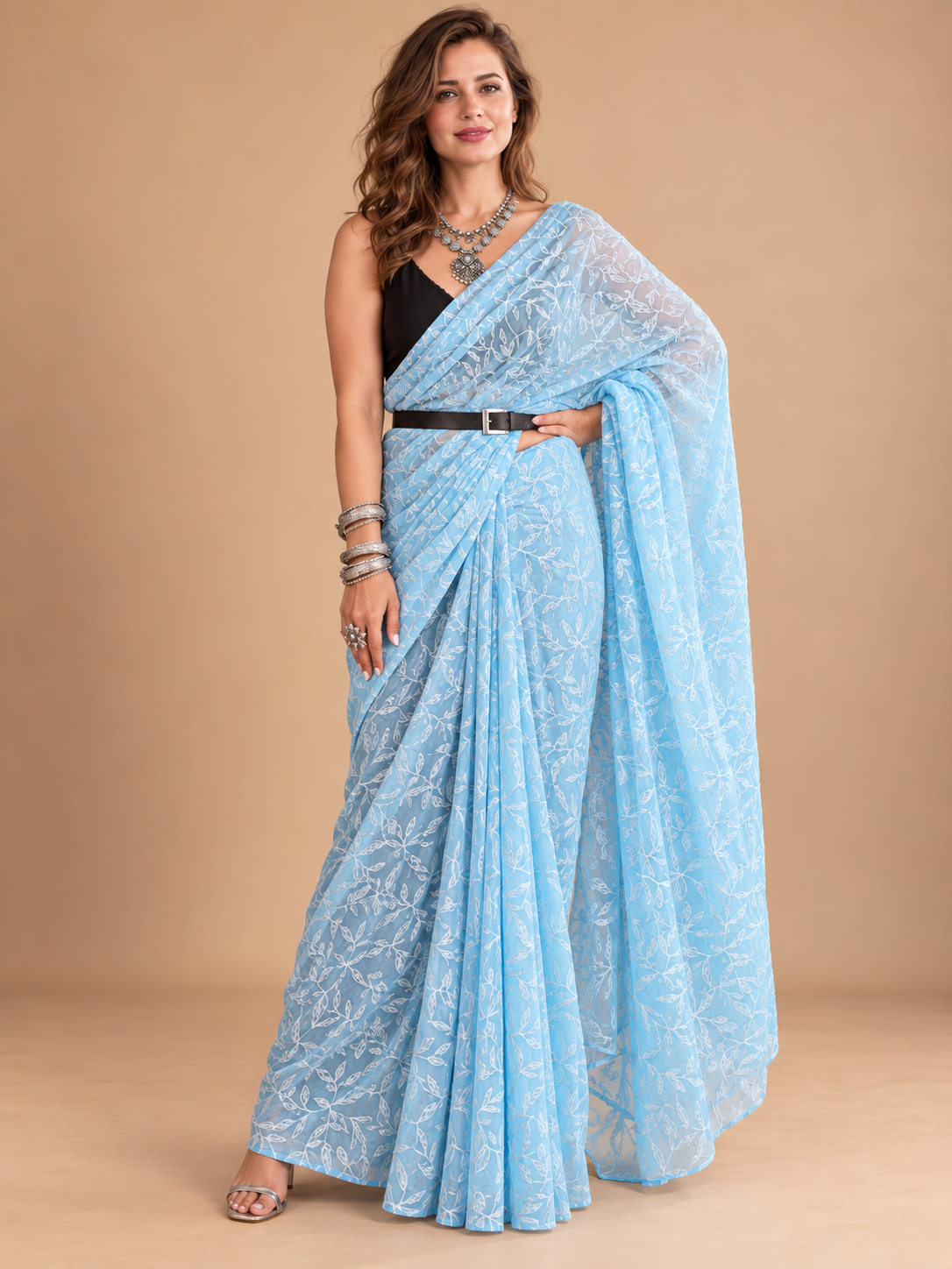 Powder Blue  chikankari tepchi georgette Saree