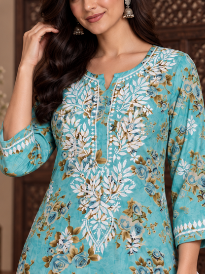 Printed mulmul chikankari kurti set