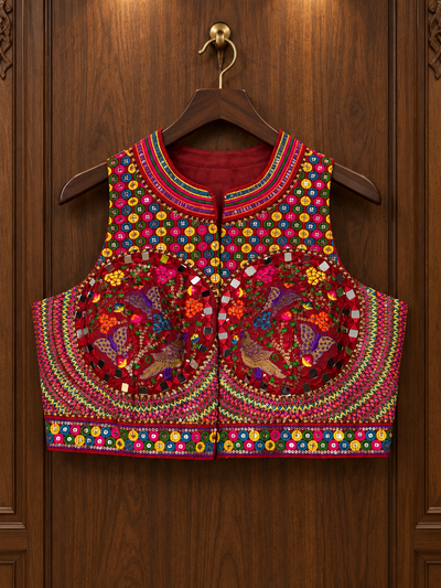 Raasrang garba and navratri designer blouse hand made and designed with detailed patch work fabric and mirrors in embroidered motifs.