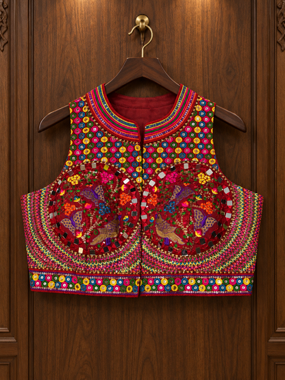 Raasrang garba and navratri designer blouse hand made and designed with detailed patch work fabric and mirrors in embroidered motifs.