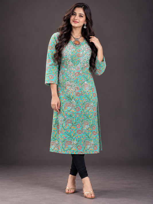 Raima green printed cotton long straight kurti