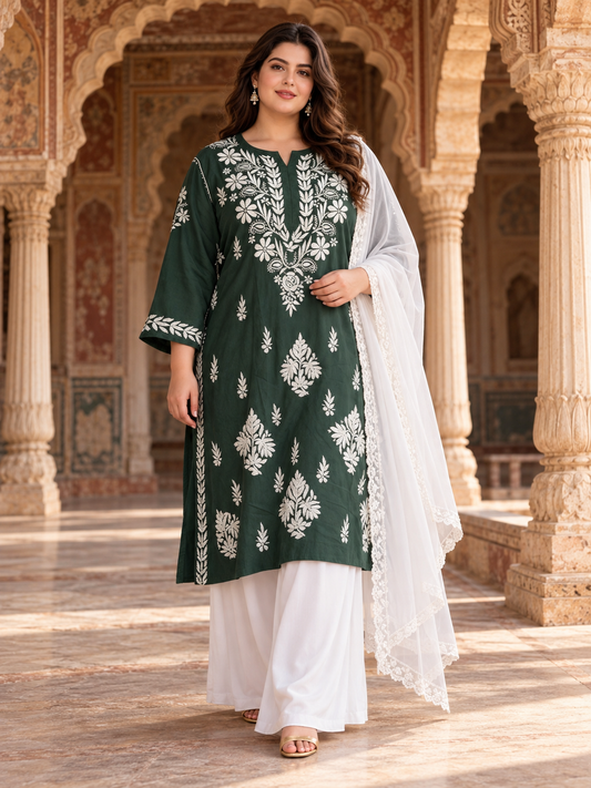 Rayon sage green plus size chikankari kurti