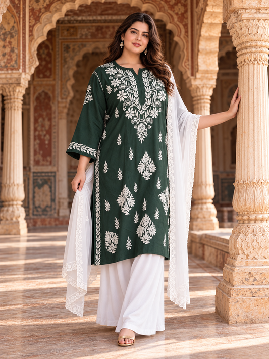 Rayon sage green plus size chikankari kurti