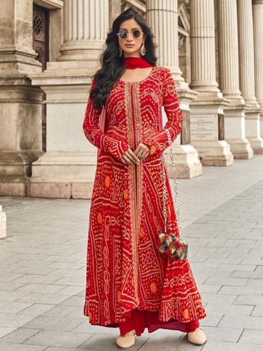 Red Viscose Jacquard Silk Dress Set with Hand Embellished Work