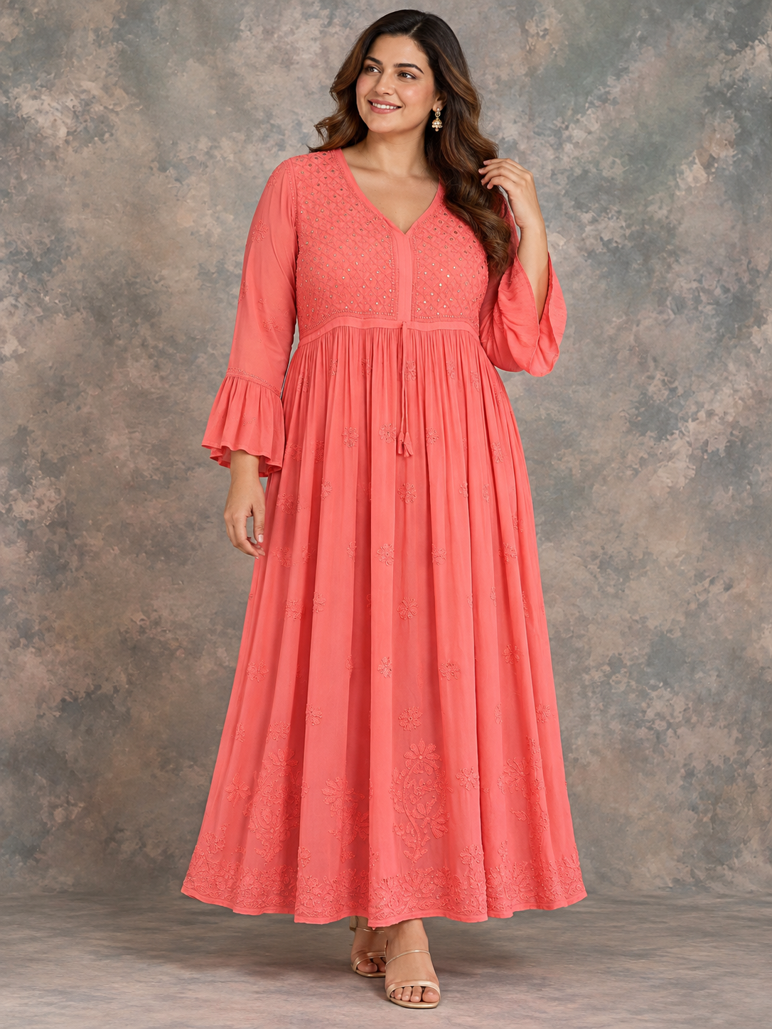 Rubai chikankari longline georgette peach dress