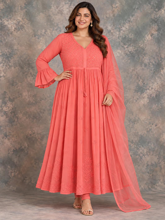 Rubai chikankari longline georgette peach dress