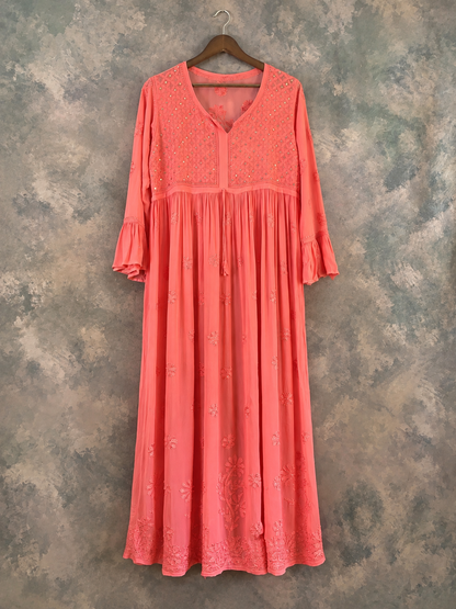 Rubai chikankari longline georgette peach dress