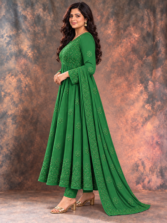 Rubai chikankari longline green dress