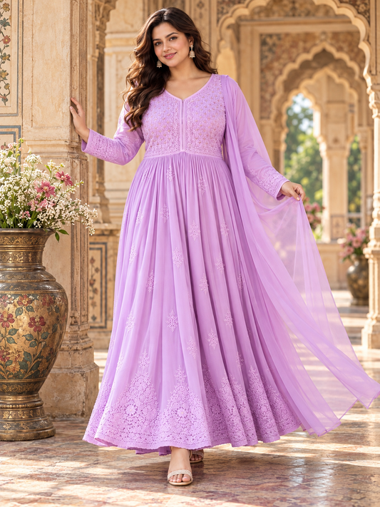 Rubai chikankari longline lavender dress