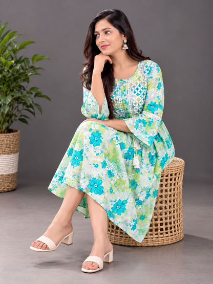 Saba green chikankari printed mulmul frock
