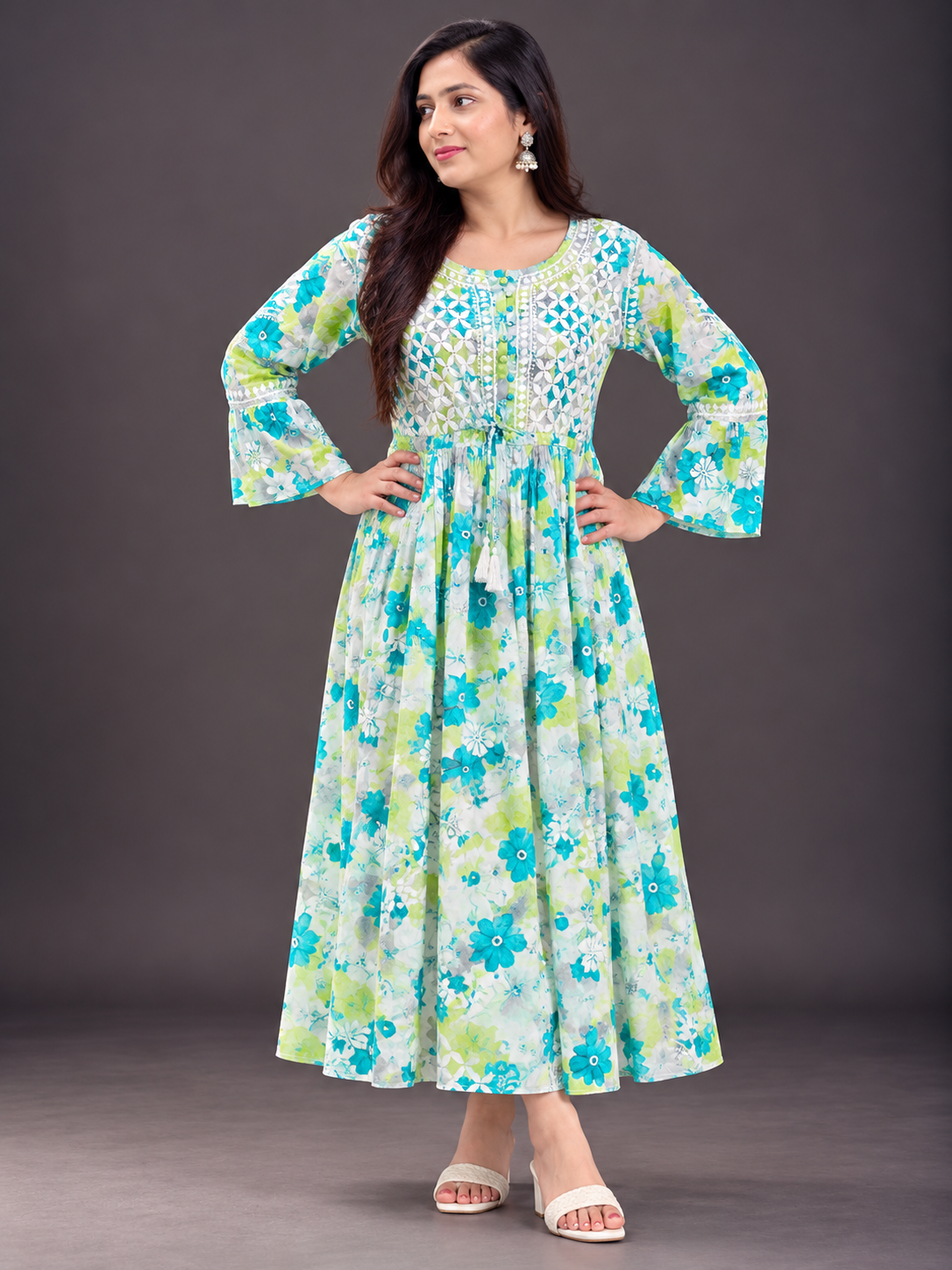 Saba green chikankari printed mulmul frock