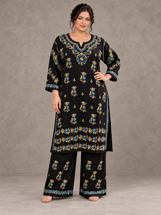 Sahiba blue blooms chikankari plus size modal set