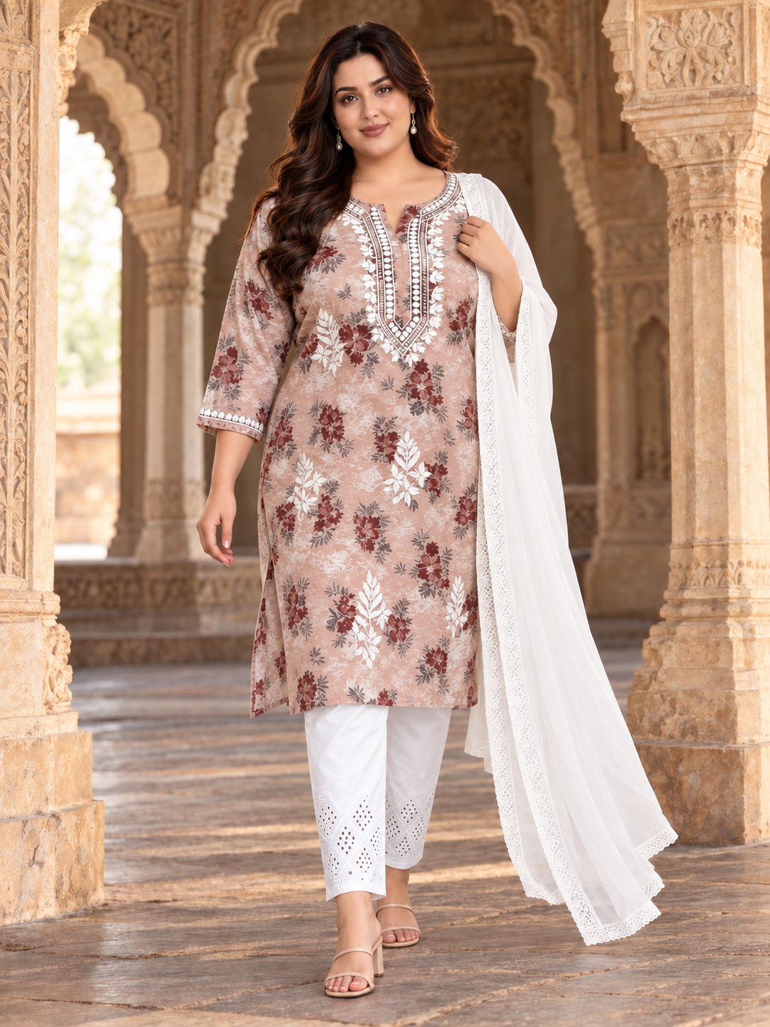 Salmon hue plus size chikankari mulmul kurti.