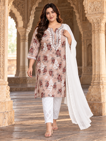Salmon hue plus size chikankari mulmul kurti.