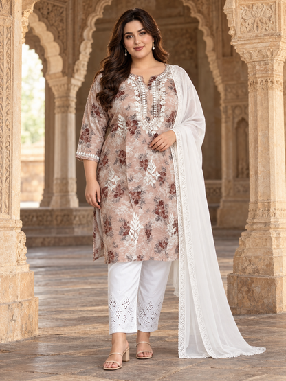 Salmon hue plus size chikankari mulmul kurti.