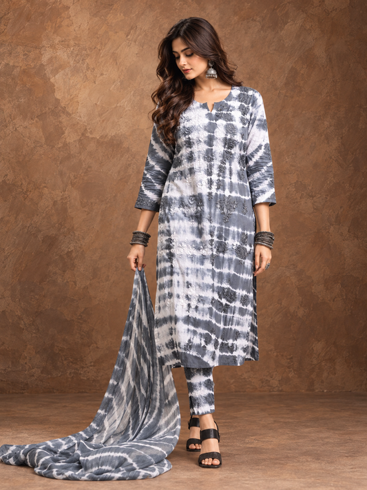 Shibori fiza chikankari cotton grey suit set