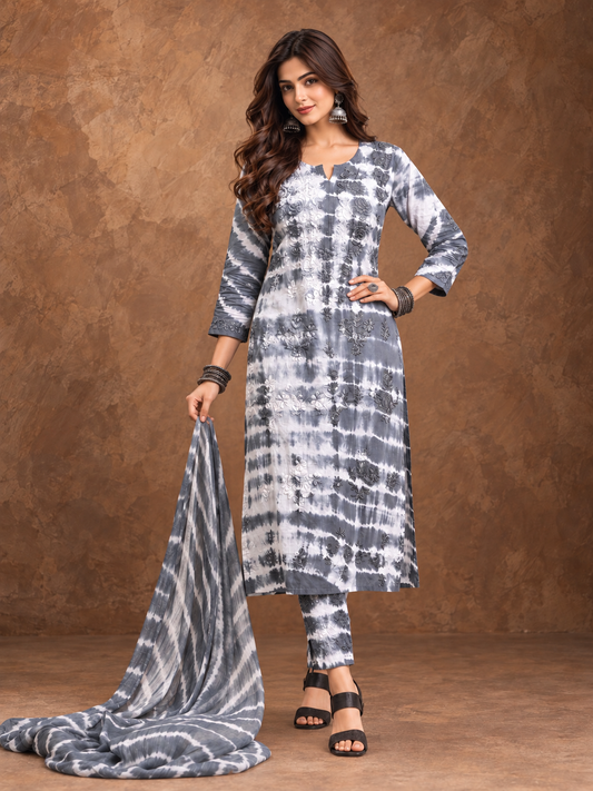 Shibori fiza chikankari cotton grey suit set