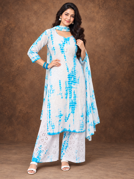 Shibori fiza chikankari sky blue cotton kurti set