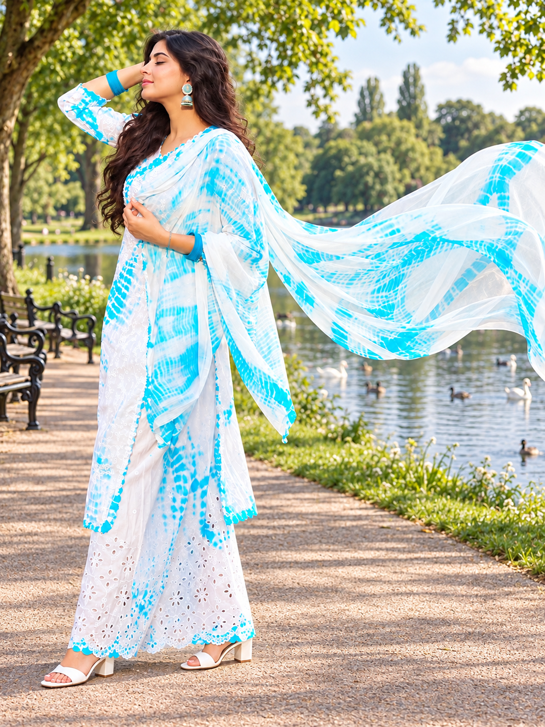 Shibori fiza chikankari sky blue cotton kurti set