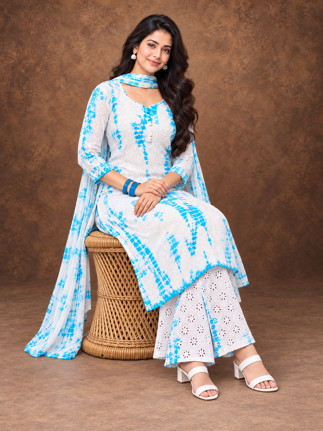 Shibori fiza chikankari sky blue cotton kurti set