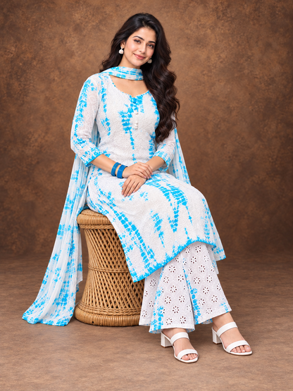 Shibori fiza chikankari sky blue cotton kurti set