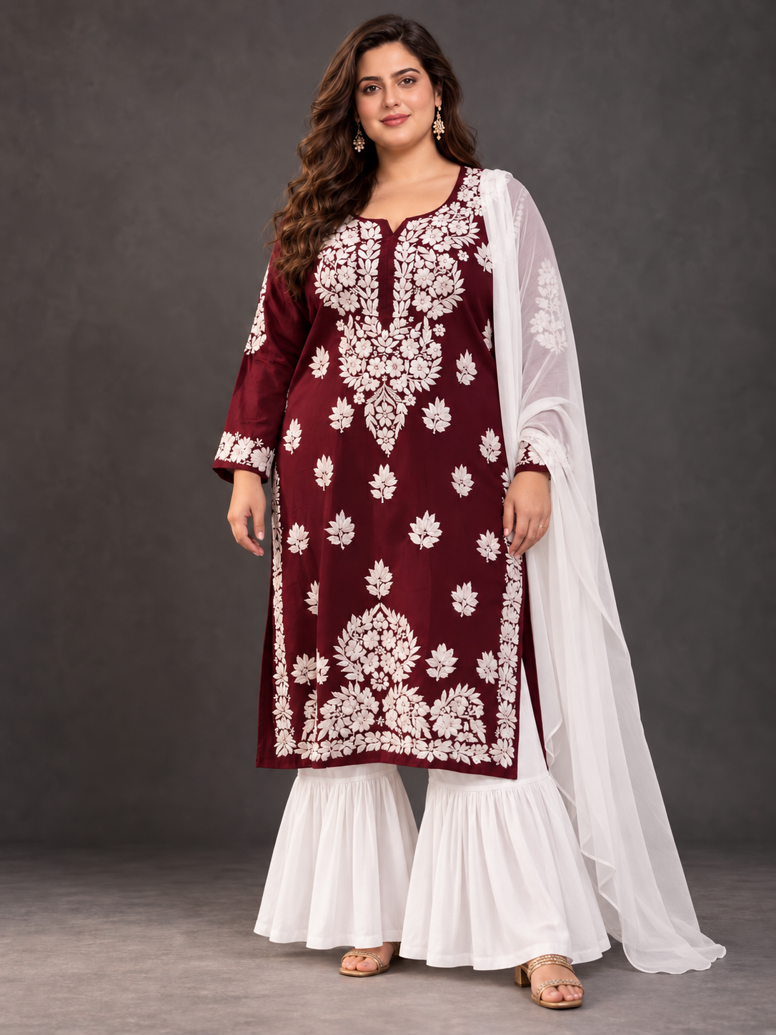 Shokh Maroon plus size chikankari modal kurti