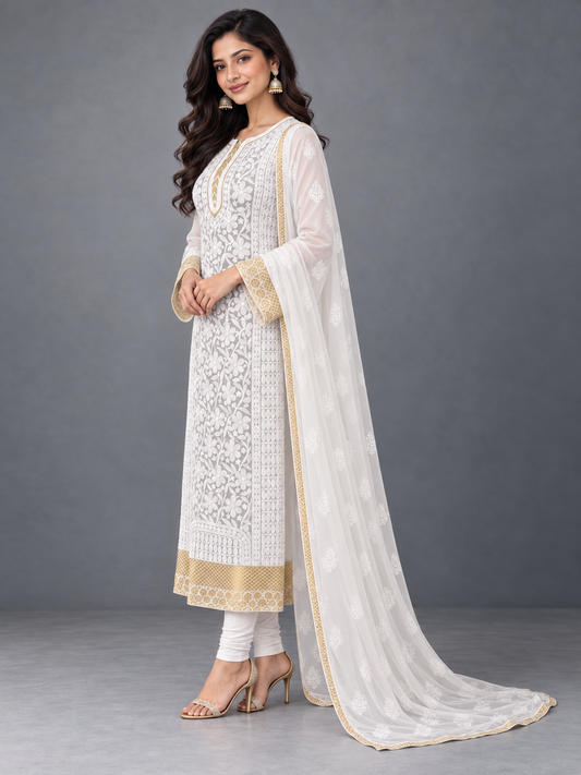 Sukhan white chikankari kurti set