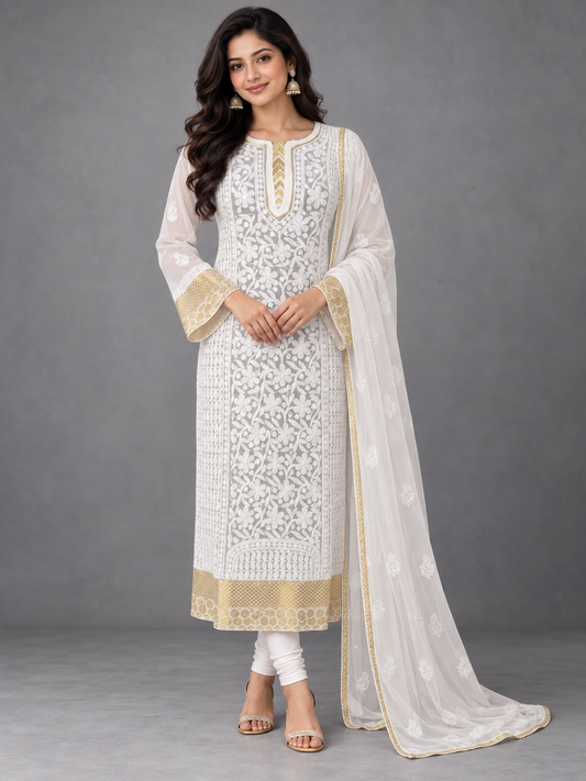 Sukhan white chikankari kurti set