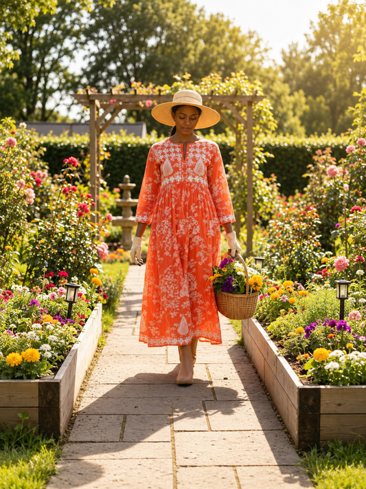 Sukoon chikankari longline printed mulmul orange dress