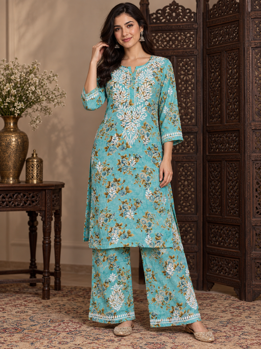 Masnavi teal blue printed mulmul kurti set