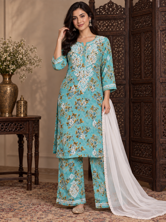 Teal blue printed mulmul kurti set