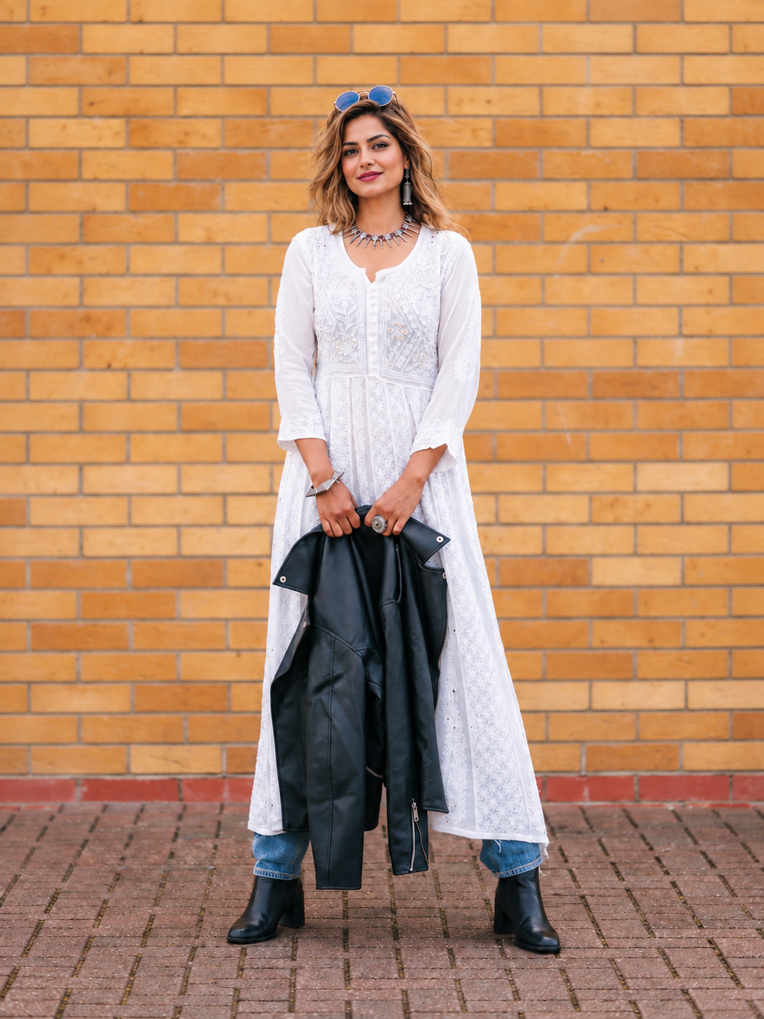 White Semi western chikankari Anarkali dress