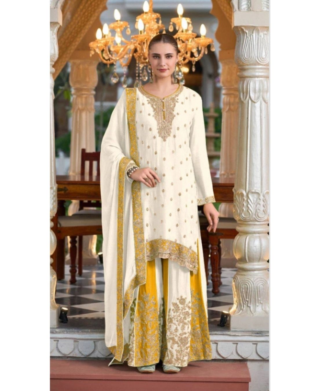 White Yellow Chaand Raat Silk Kurta Sharara Set with Dupatta