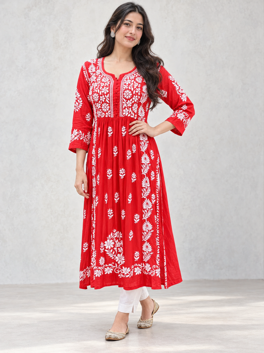 Zia red chikankari kurti by Masnavi