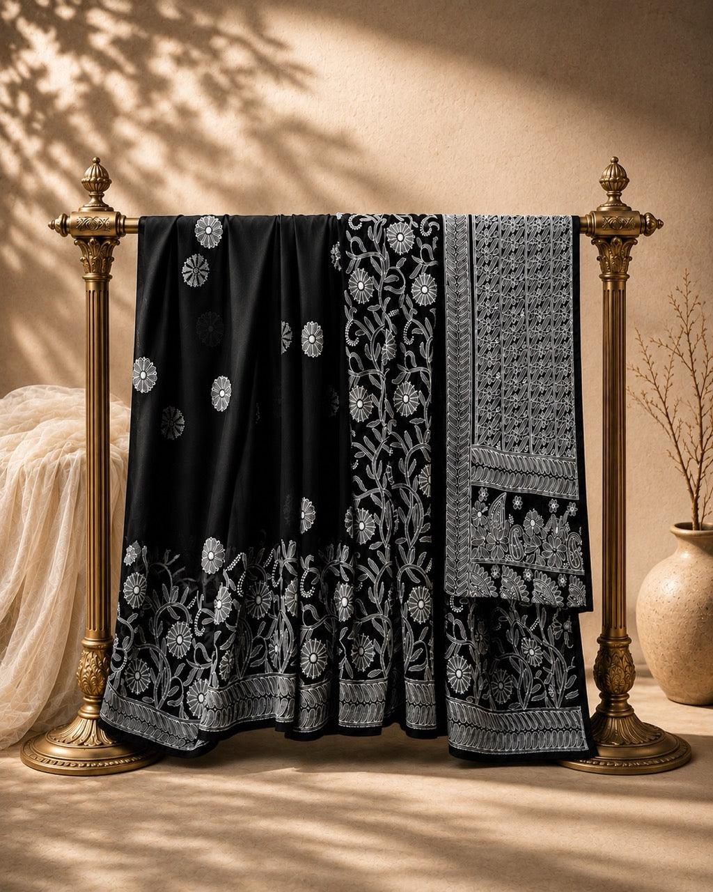 Black Georgette Ready to Wear Chikankari Saree, Naaz Collection by Masnavi, with floral border and scattered motifs.