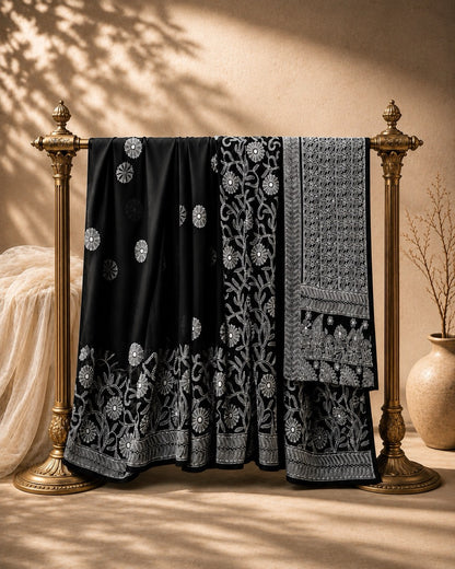 Black Georgette Ready to Wear Chikankari Saree, Naaz Collection by Masnavi, with floral border and scattered motifs.