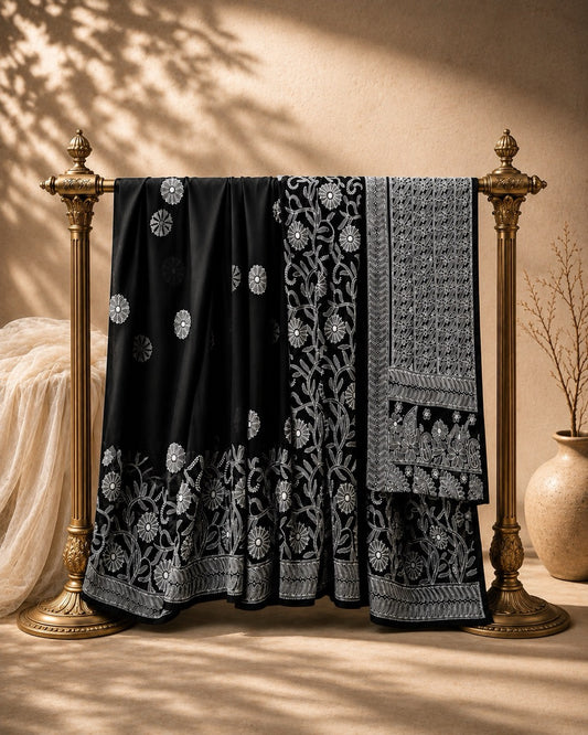 Black Georgette Ready to Wear Chikankari Saree, Naaz Collection by Masnavi, with floral border and scattered motifs.