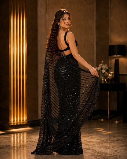 Black Sequin Chikankari Georgette Saree, authentic Lucknowi Chikankari, by Masnavi, modelled by a woman, back view