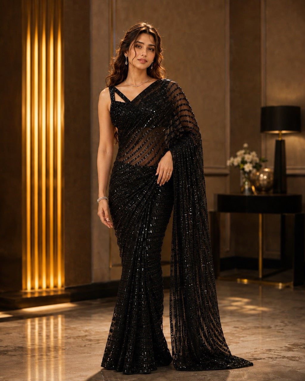 Black Sequin Chikankari Georgette Saree, authentic Lucknowi Chikankari, by Masnavi, modelled by a woman, front view