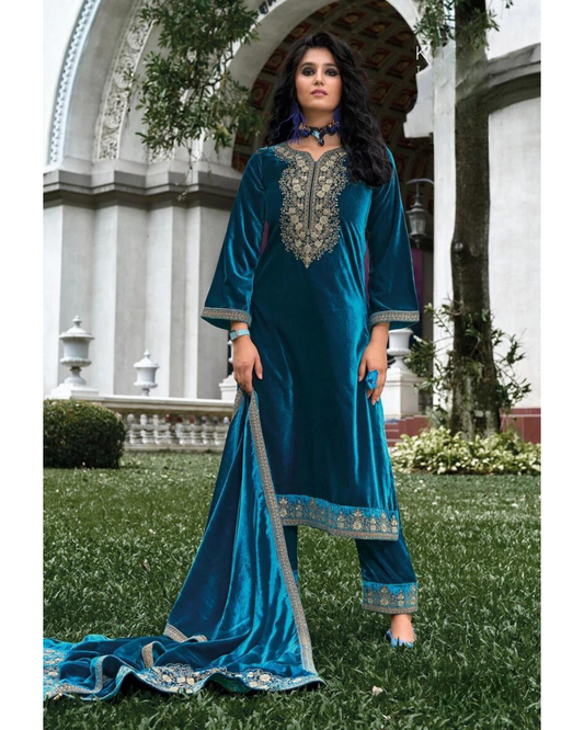 Masnavi Makhmali velvet dress set blue.