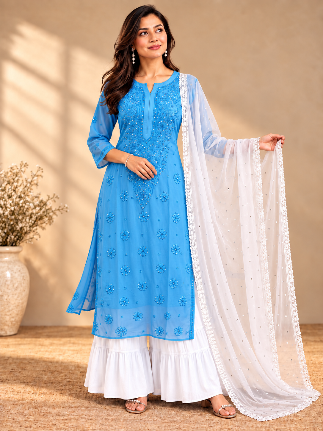 fiesta chikankari mukaish work georgette kurti