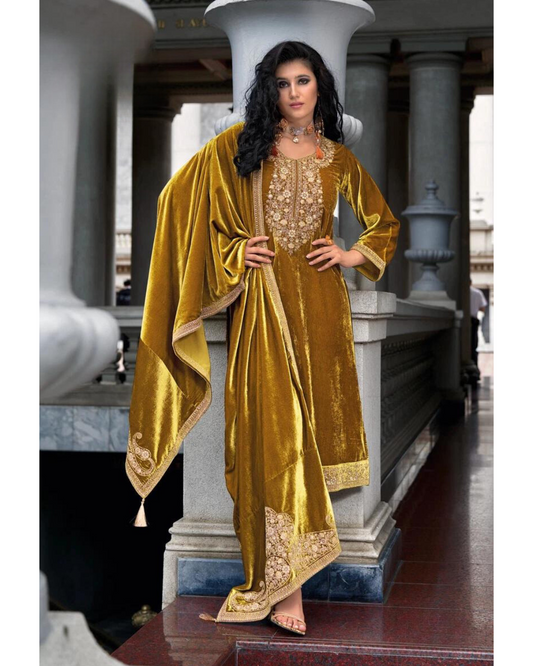 Masnavi Makhmali velvet dress gold