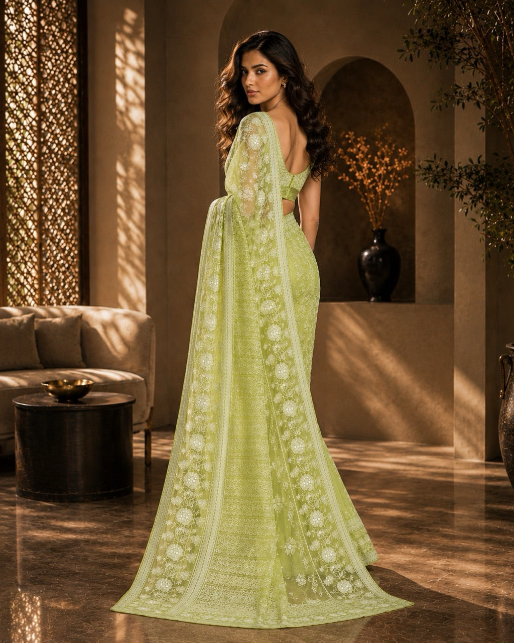 Green Georgette Ready to Wear Chikankari Saree, Naaz Collection by Masnavi, modeled by a woman, back view