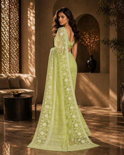 Green Georgette Ready to Wear Chikankari Saree, Naaz Collection by Masnavi, modeled by a woman, back view